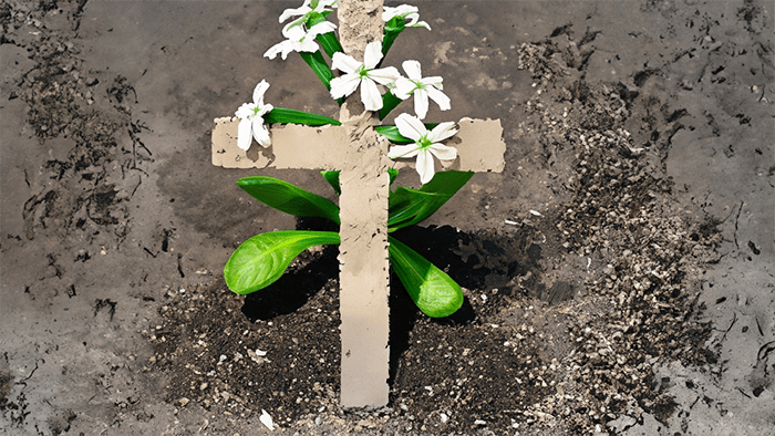Aschenkreuz mit Blume als Symbol des Lebens