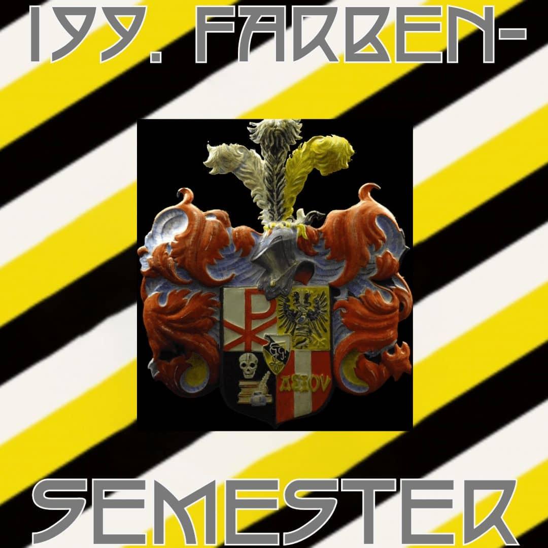 Logo 199 Farbensemester auf gebändert weiss-schwarz-goldenem Grund mittig das heraldische Prunkwappen und der Text 199. Farbensemester in perlmausgrauer FarbePrunkwapp