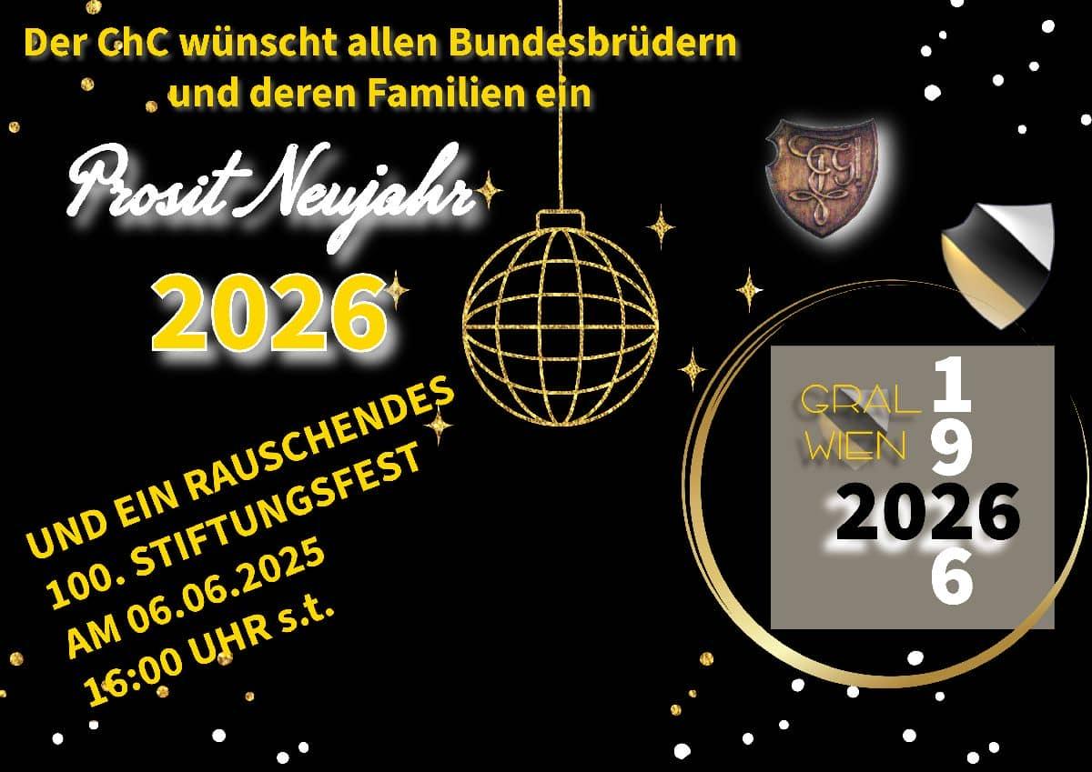 Prosit 2026 mit Wappen, Zirkel, Text und 100-Jahr-Logo auf schwarzem Sternengrund