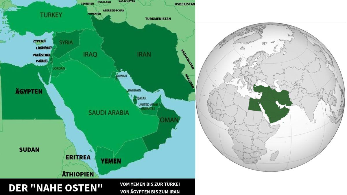 Auf einer Weltkugel und in eigenem Bildteil vergrößert die Länder des "Nahen Ostens" als Karte