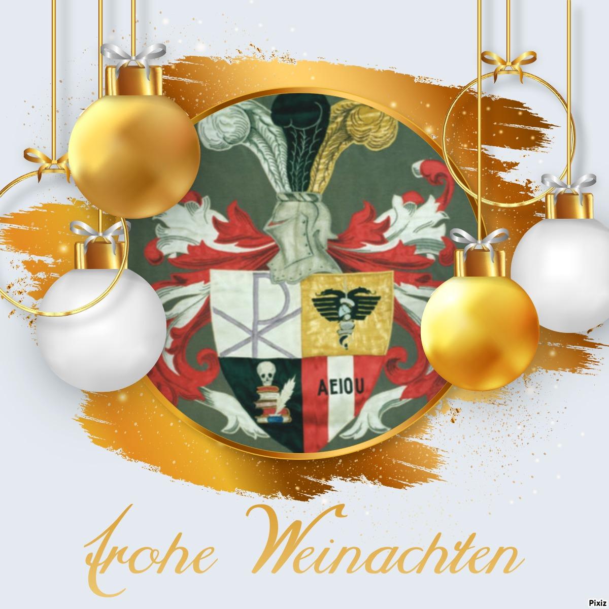 Wappen Grals goldumrahmt und mit hängenden Kugeln in Weiß und Gold