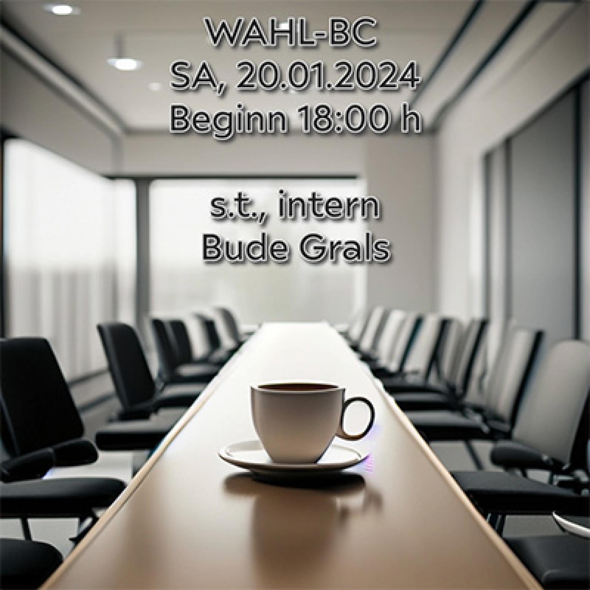 Wahl-BC vom 20.01.2024 Konferenzraum mit Tisch, Sesseln und einer Kaffeetasse